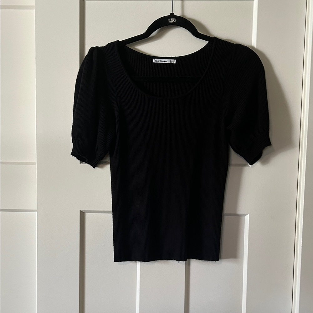 Pink Clover Black Ribbed Puff Sleeve Blouse